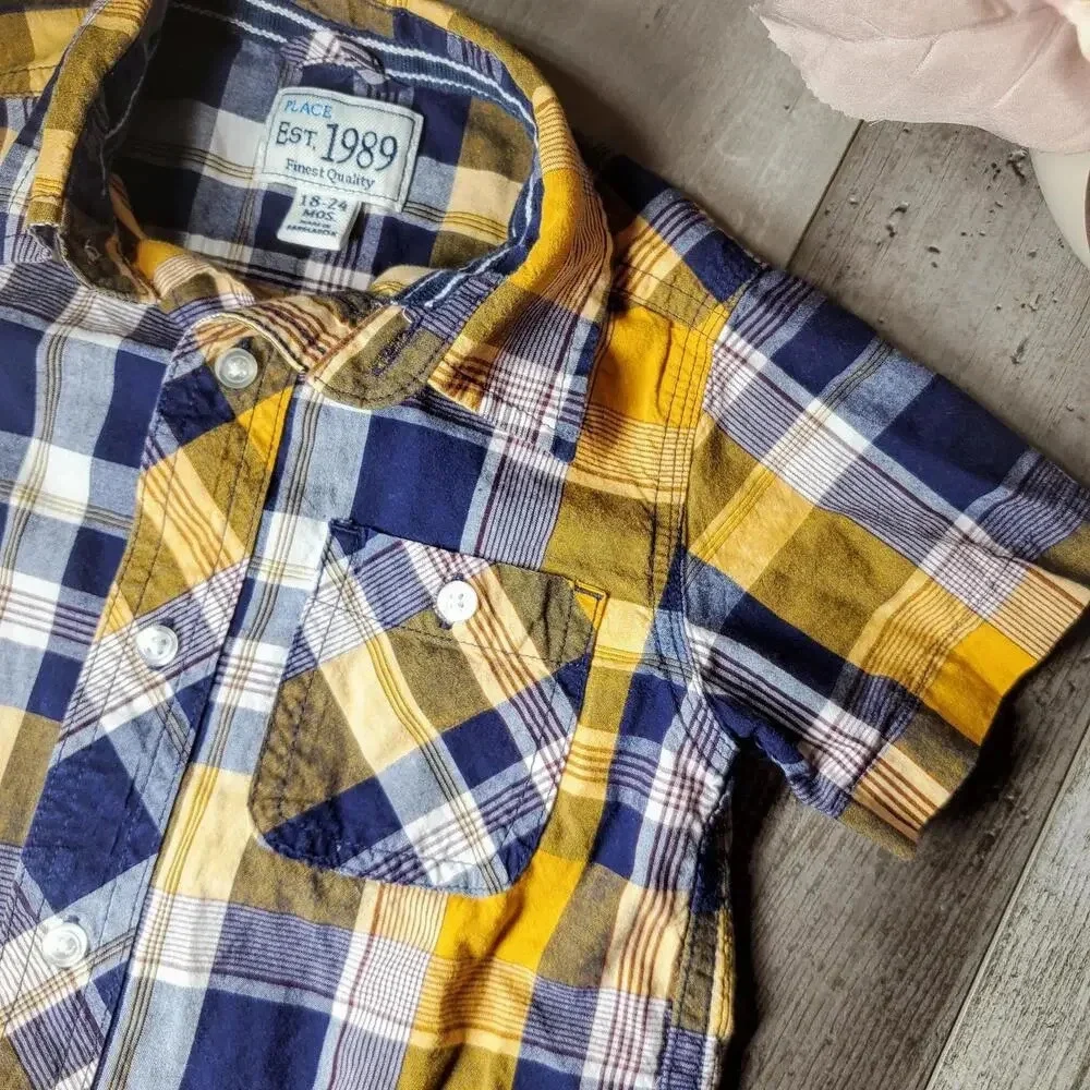 PLACE EST. 1989 Blue Yellow Plaid Button Down Boys Shirt Size 18-24 Mos NWOT